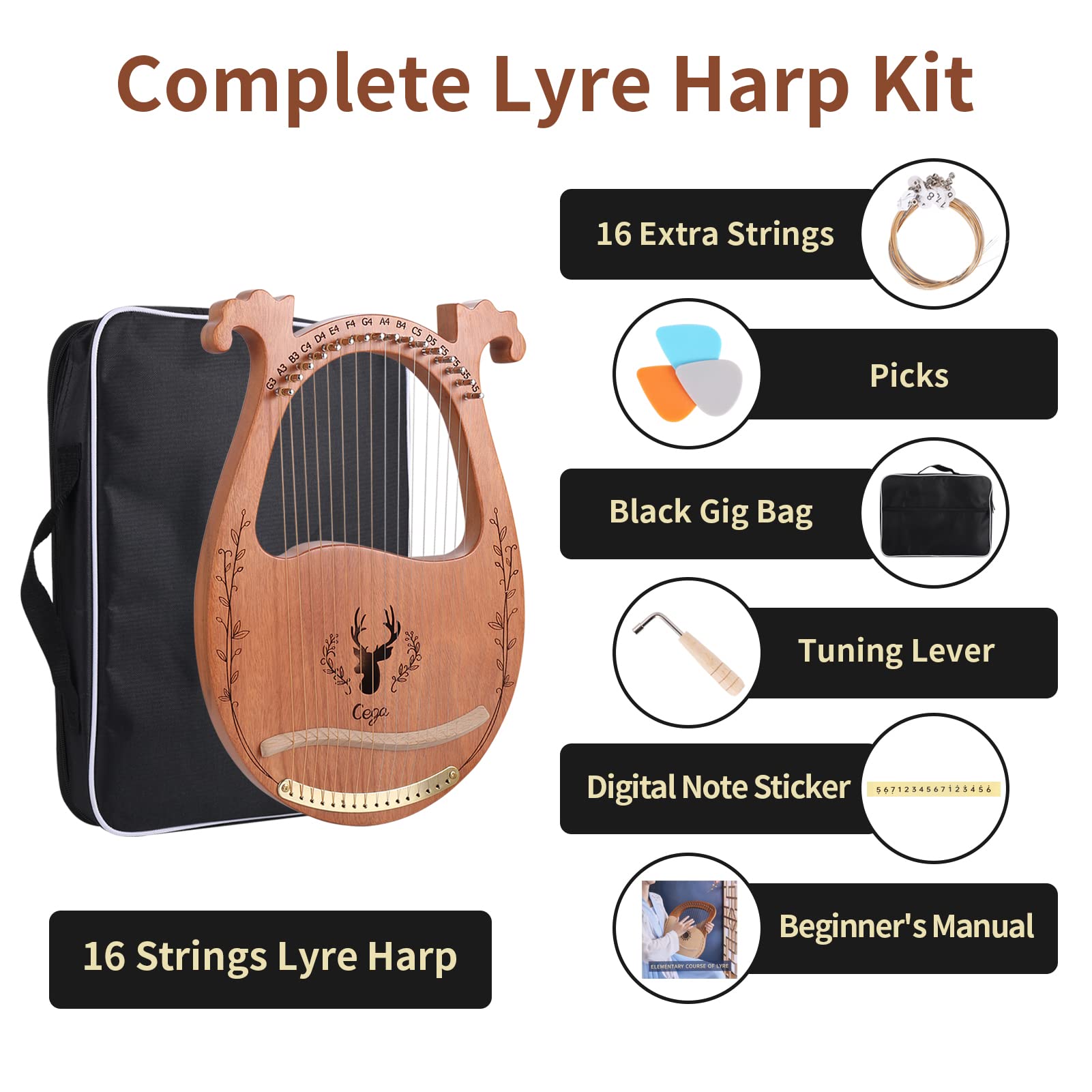 Lyre Harp, 16 Strings Mahogany Acoustic Lap Harp for Adults Beginners