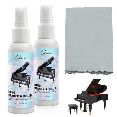 Calvana (2-Pack) 2-in-1 Piano Cleaner and Polish Kit, Includes 12×12 Microfiber Cleaning Cloth, Piano Accessories for Most Piano Surfaces, Grand Piano, Digital Piano, Baby Grand Piano, Violin, 4 OZ×2