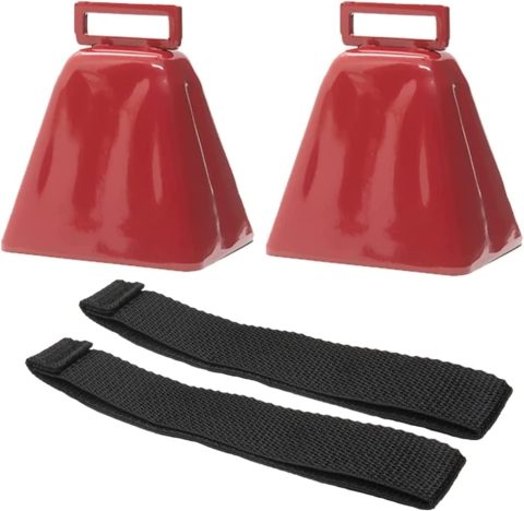 Bevin Bells Long Distance Cow Bells 10LD (Red & Red) | Christmas Bells | Made from Steel | Loud Noise Makers | w/White Strap Around The Handle | Easier to Hold | Made in CT, USA