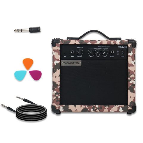 Electric Bass Guitar Amplifier Pixel Camo 20W Amp Peach Pink Color Aux Input Treble Middle Bass Headphone Power 6.5Inch Speaker Portable Size for Starter Beginner Practice Home and Outside