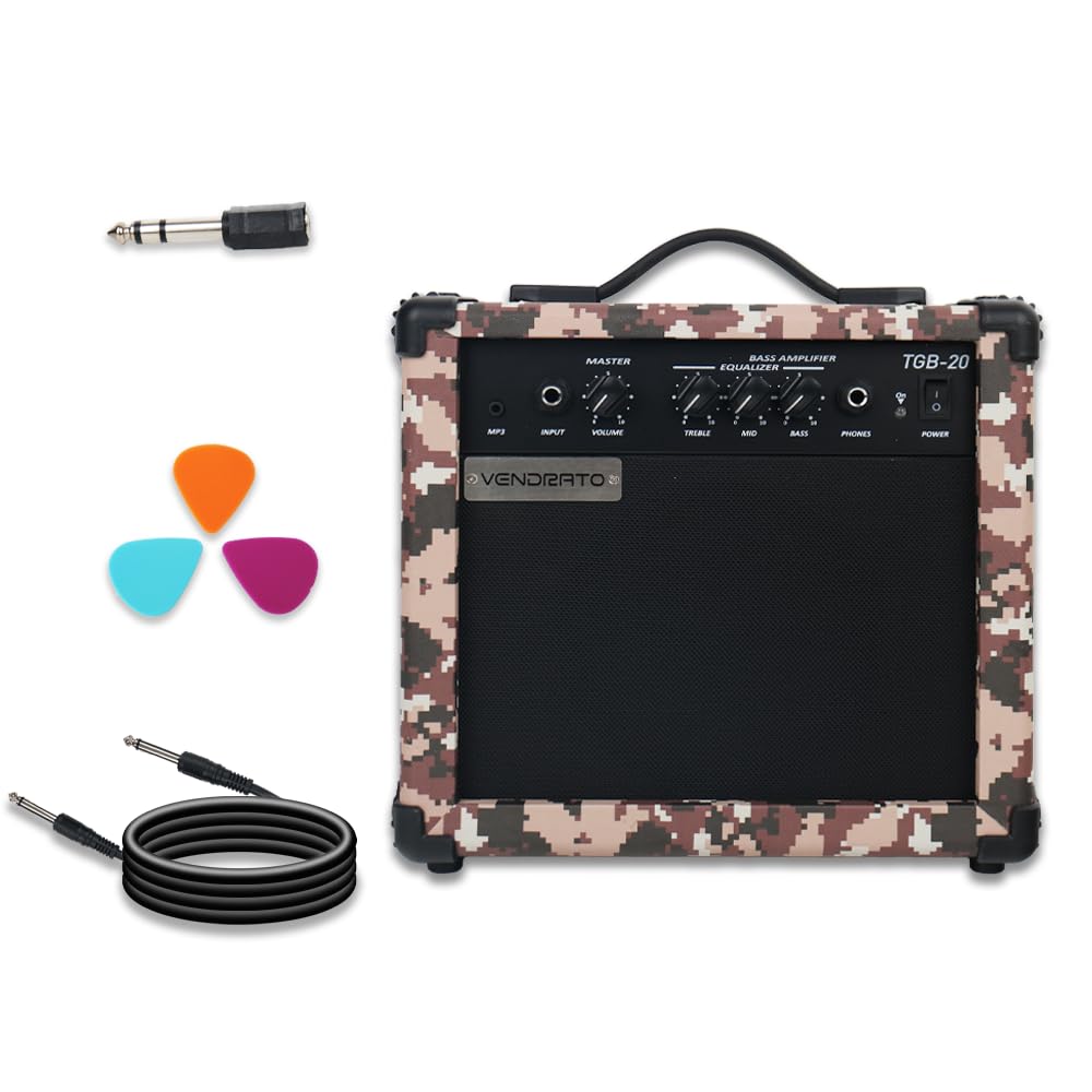 Electric Bass Guitar Amplifier Pixel Camo 20W Amp Peach Pink Color Aux Input Treble Middle Bass Headphone Power 6.5Inch Speaker Portable Size for Starter Beginner Practice Home and Outside