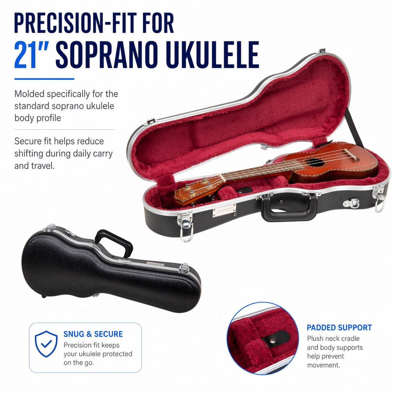 Crossrock Soprano Ukulele Case, Fit for 21 inches | Molded Hardshell with Scratch-Resistant Matte Finish, Security Lock, Accessory Compartment & Shoulder Straps — Black (CRA880SUBK)