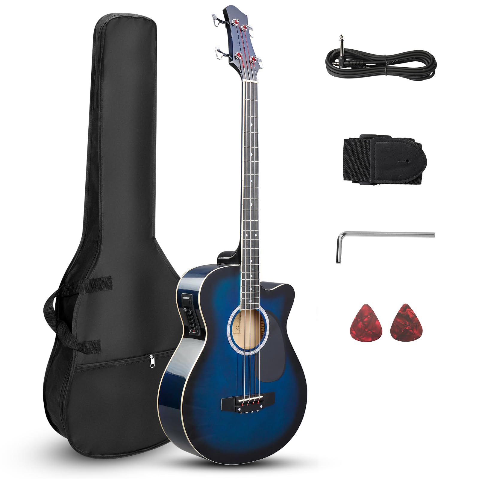 Ktaxon 4 String Acoustic Bass Guitar, Full Size Bass Guitar Kit, Blue