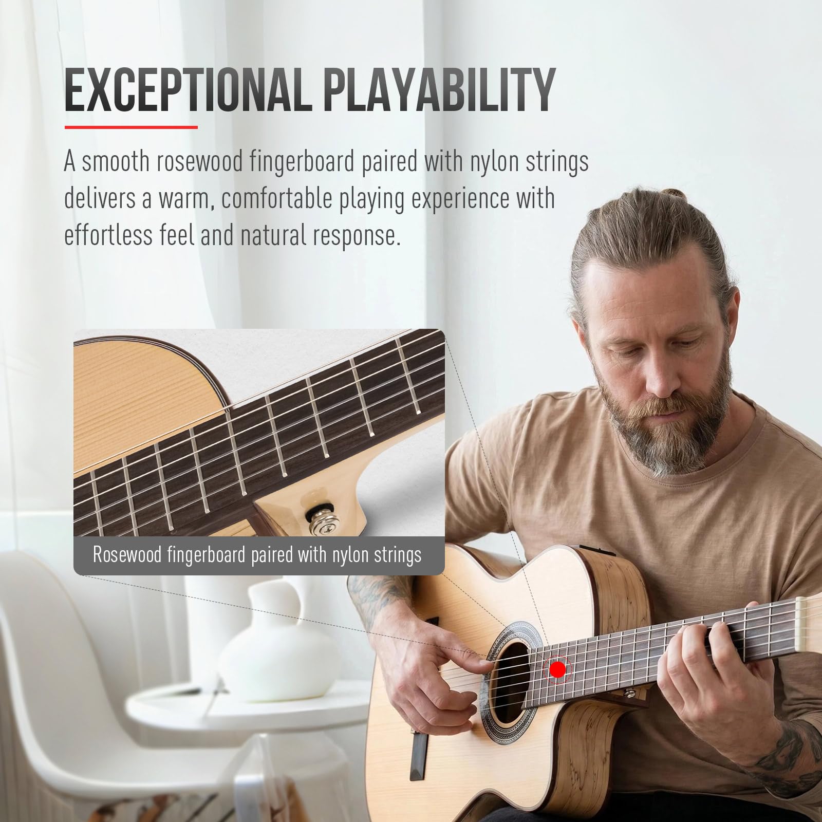 SONICAKE 39″ Acoustic Electric Crossover Guitar, Nylon String, Natural