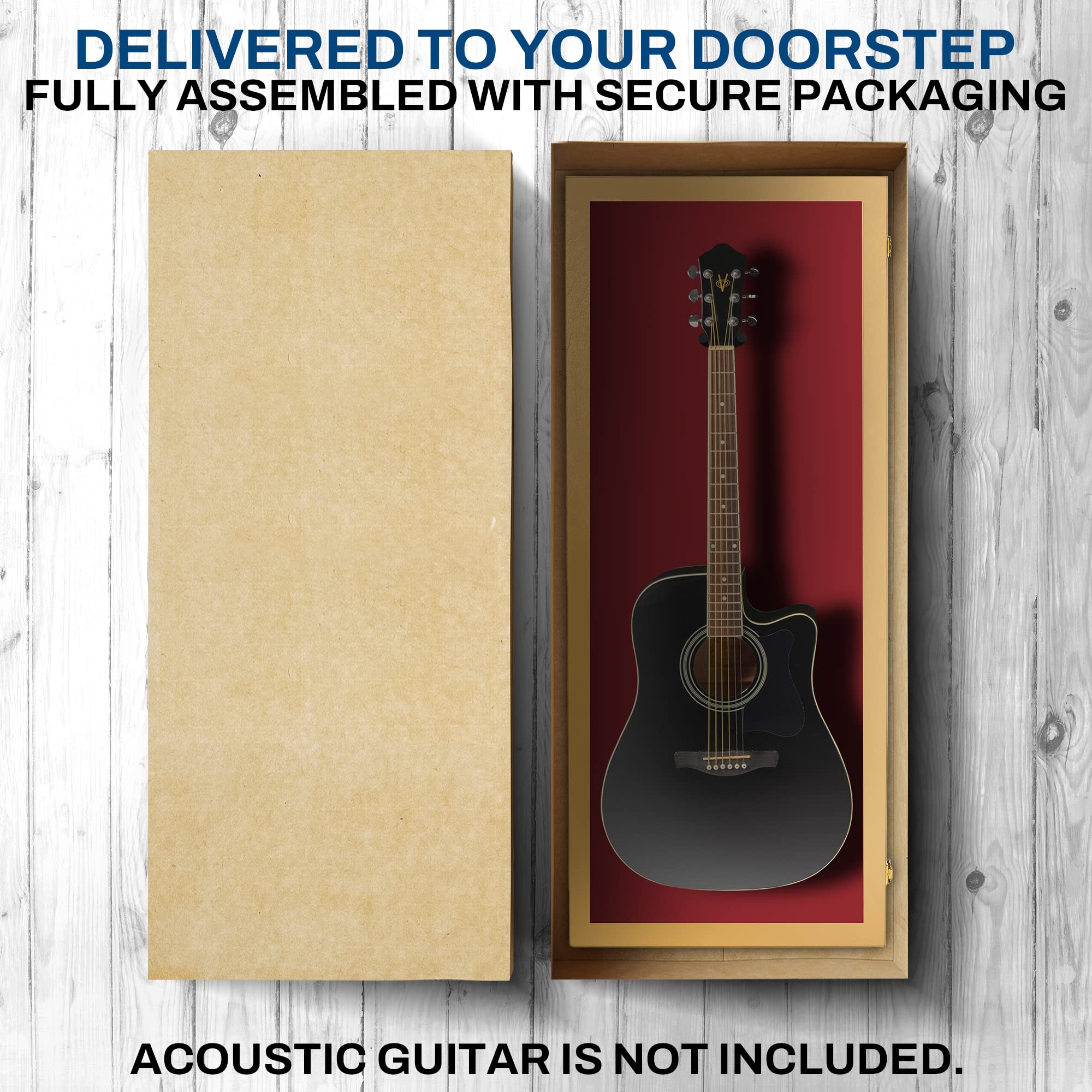 PENNZONI Acoustic Guitar Display Case – Acrylic Acoustic Guitar Case – Guitar Display Case Wall Mount Made from Hardwood Frame & Clear Acrylic – Golden Oak w/Red Felt