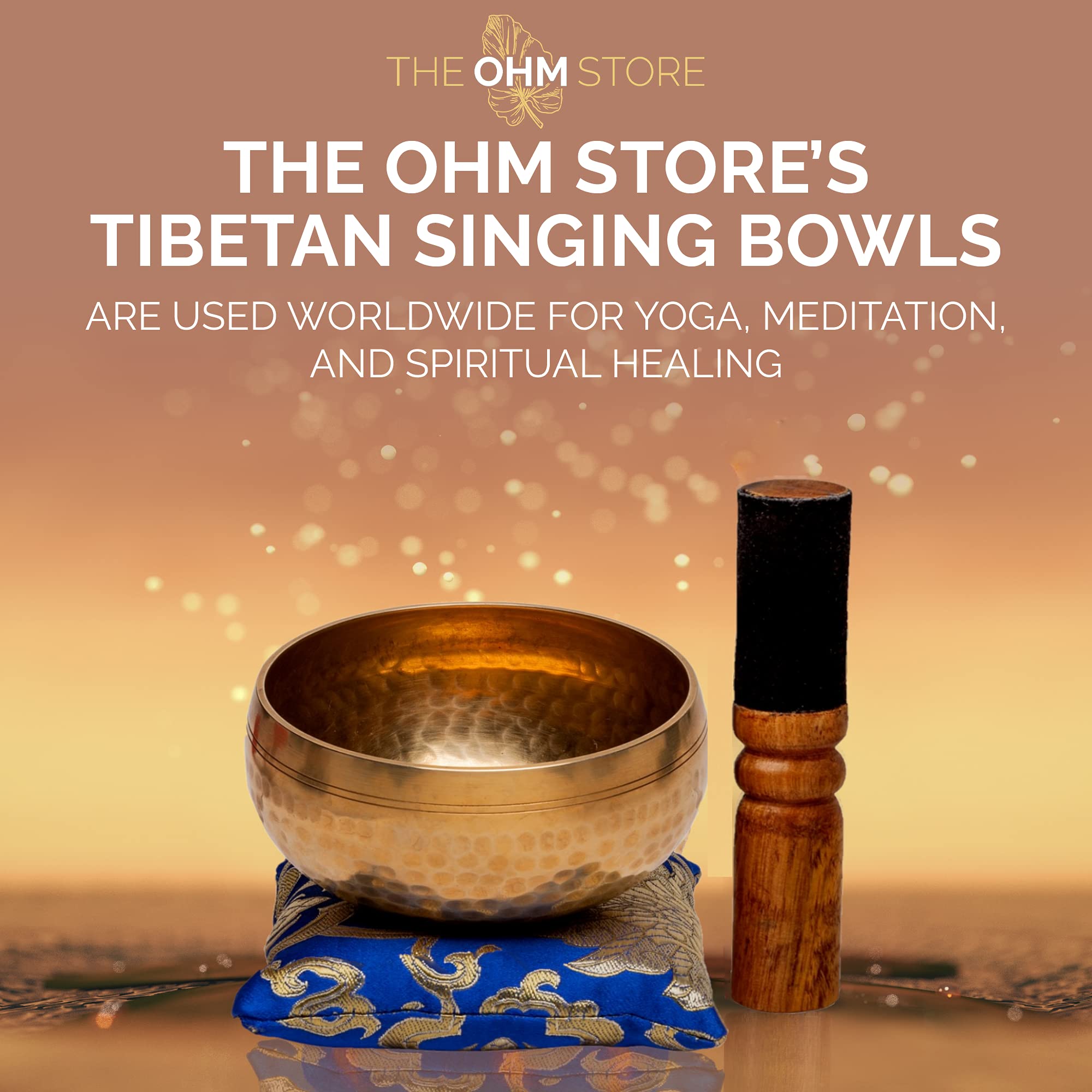 Tibetan Singing Bowl Set by Ohm Store — Hand Hammered Lingam Meditation Sound Bowl — Yoga, Chakra Balancing, Mindfulness, Stress and Anxiety Relief