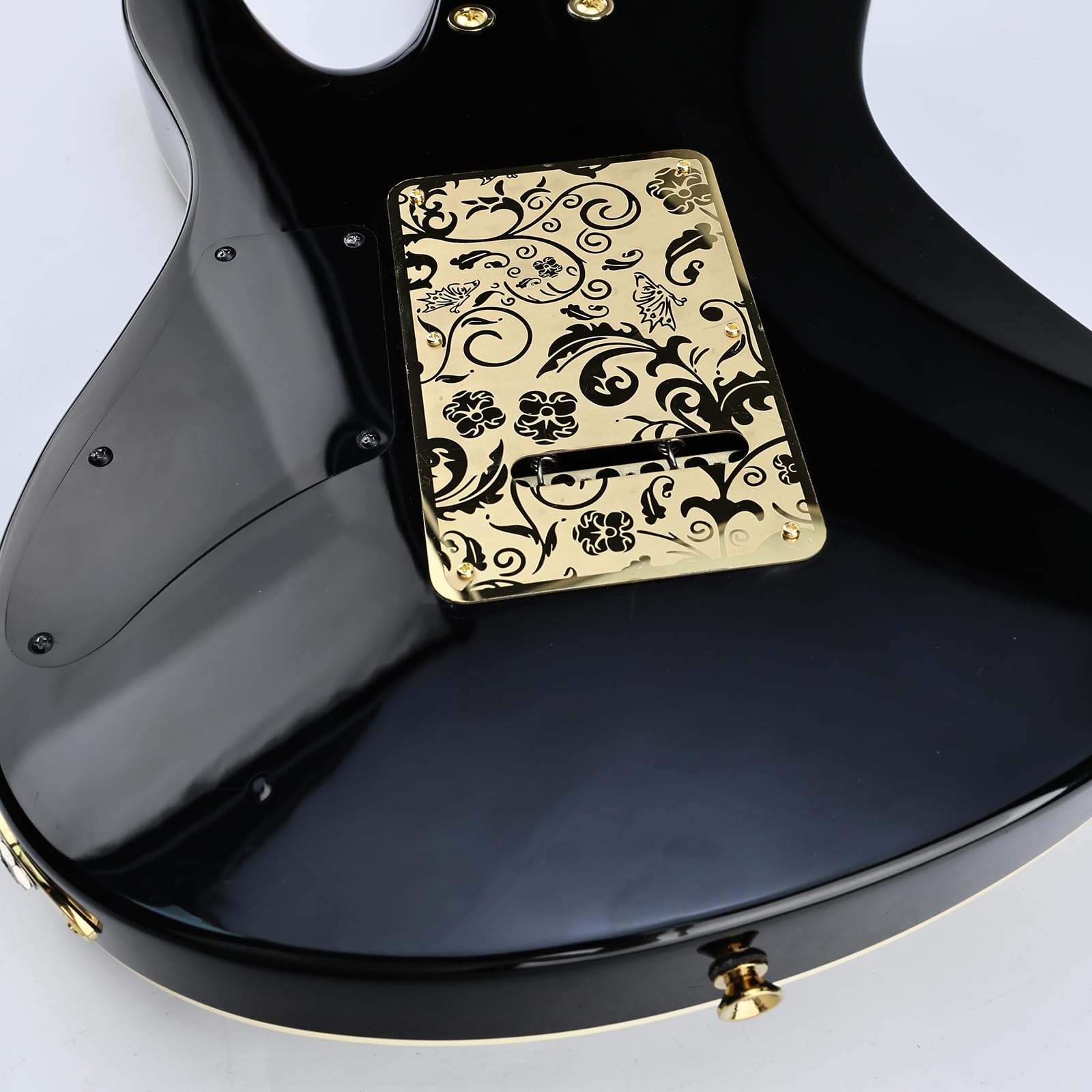OVSAL Stainless Steel Guitar Back Plate 6 holes Engraved Metal Trem Tremolo Cover Electric Guitar Back Cover Plate Compatible with USA/Mexican Standard FD Strat ST Replacement Parts (Gold)