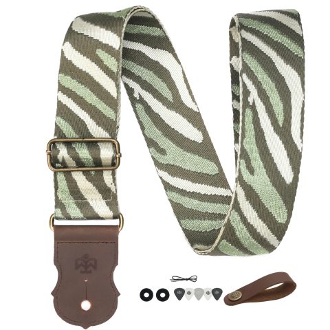BOONSPARK Guitar Strap – Double Layer Crazy Horse Cowhide Ends,Safe Durable,2in,Soft Adjustable Guitar Straps for Acoustic&Electric Guitars,Bass,Ukulele,Guitarists Gift Set,Zebra Grass Green