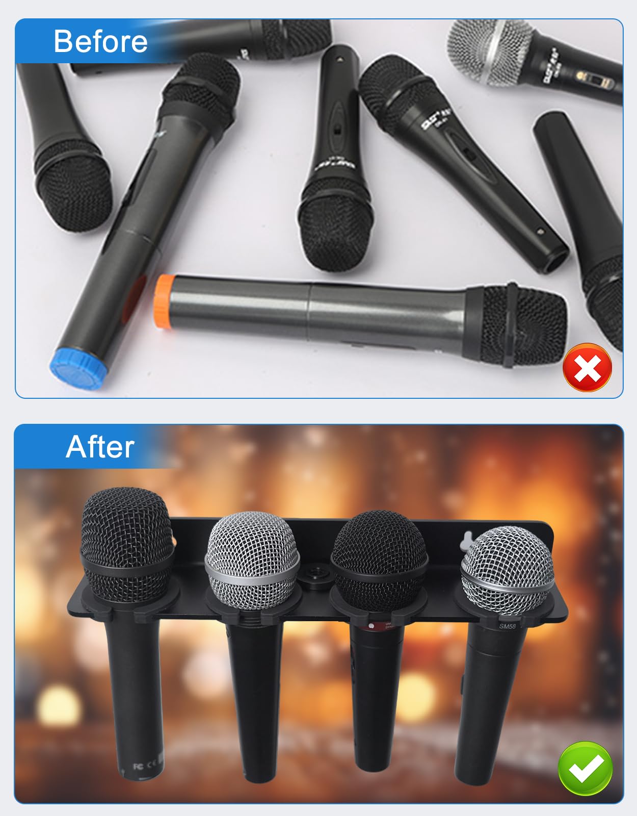 Multi Mic Holder for Stand, Wall Mounted, for 4 Handheld Wired/Wireless Mic