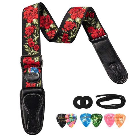 LEKATO Floral Bass Strap, Flower Guitar Strap for Bass Electric Acoustic Guitar 2″ Wide with Clip Buckle, Rose Embroidery Woven Guitar Straps with Pick Holder, 2 Blocks, 6 Picks (Red)