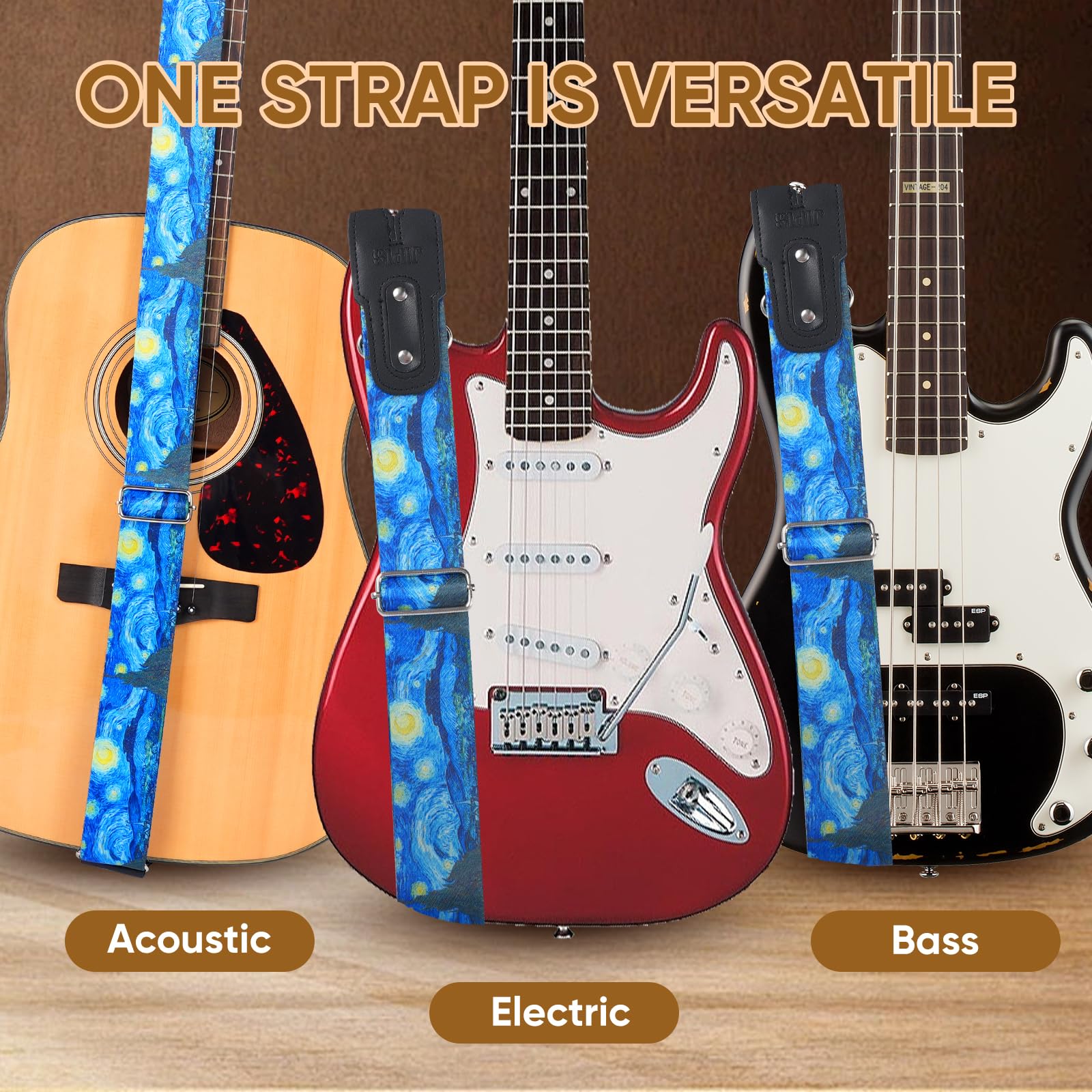 JIPIS Universal Strap for Bass,Electric & Acoustic Guitar with Creative Van Gogh Starry Sky Pattern, Include 3 Picks, 2 Locks,1 Headband Adjustable Guitar Strap for All Guitarists (GS-07 Starry sky)