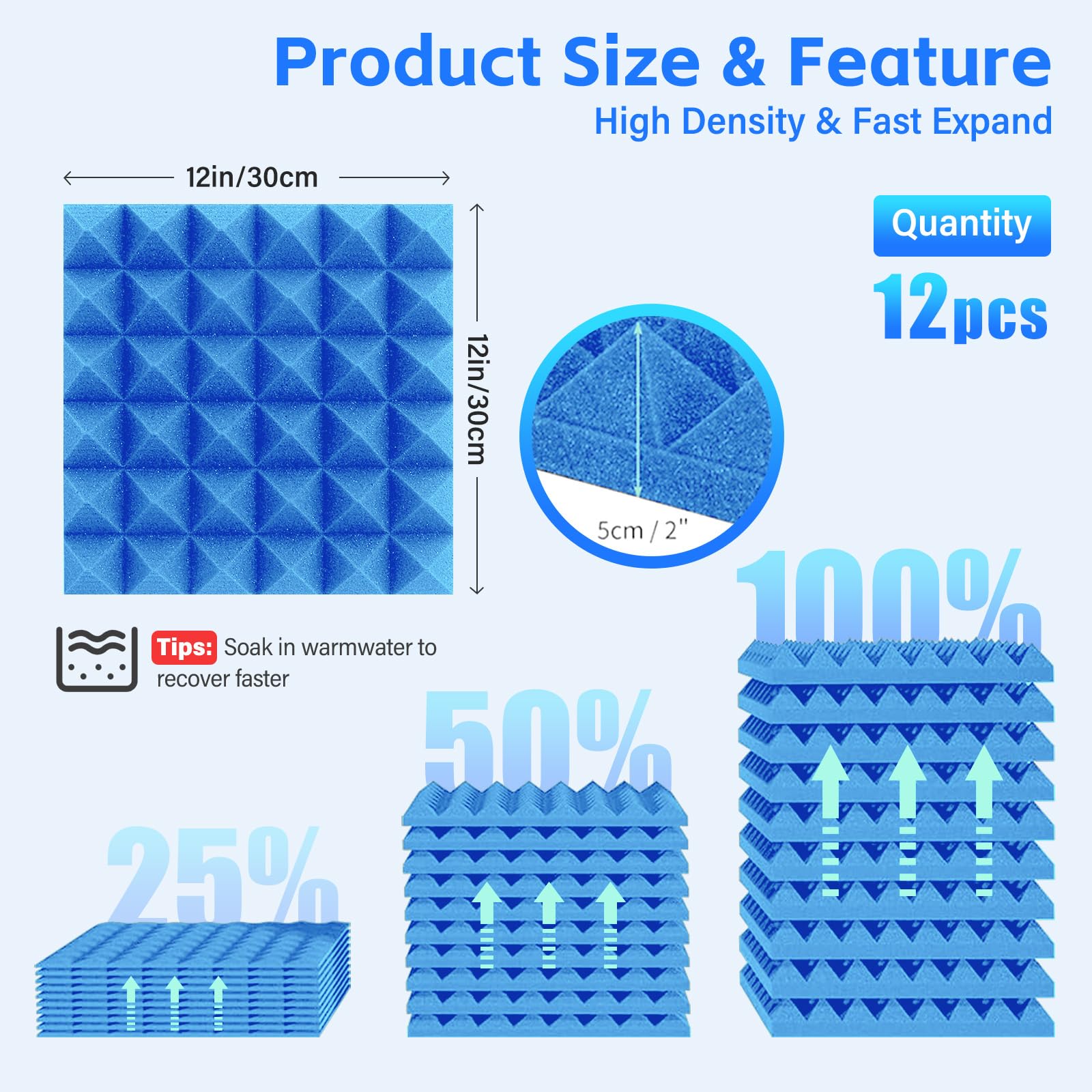 Pyramid Sound Proof Foam Panels 12 Pack, Bwaliffury High Density Self-Adhesive Sound Absorbing, 12″ X 12″ X 2″ Fire Resistant Acoustic Foam Panels, Sound Panels, Studio Foam for Wall, Ceiling (Blue)
