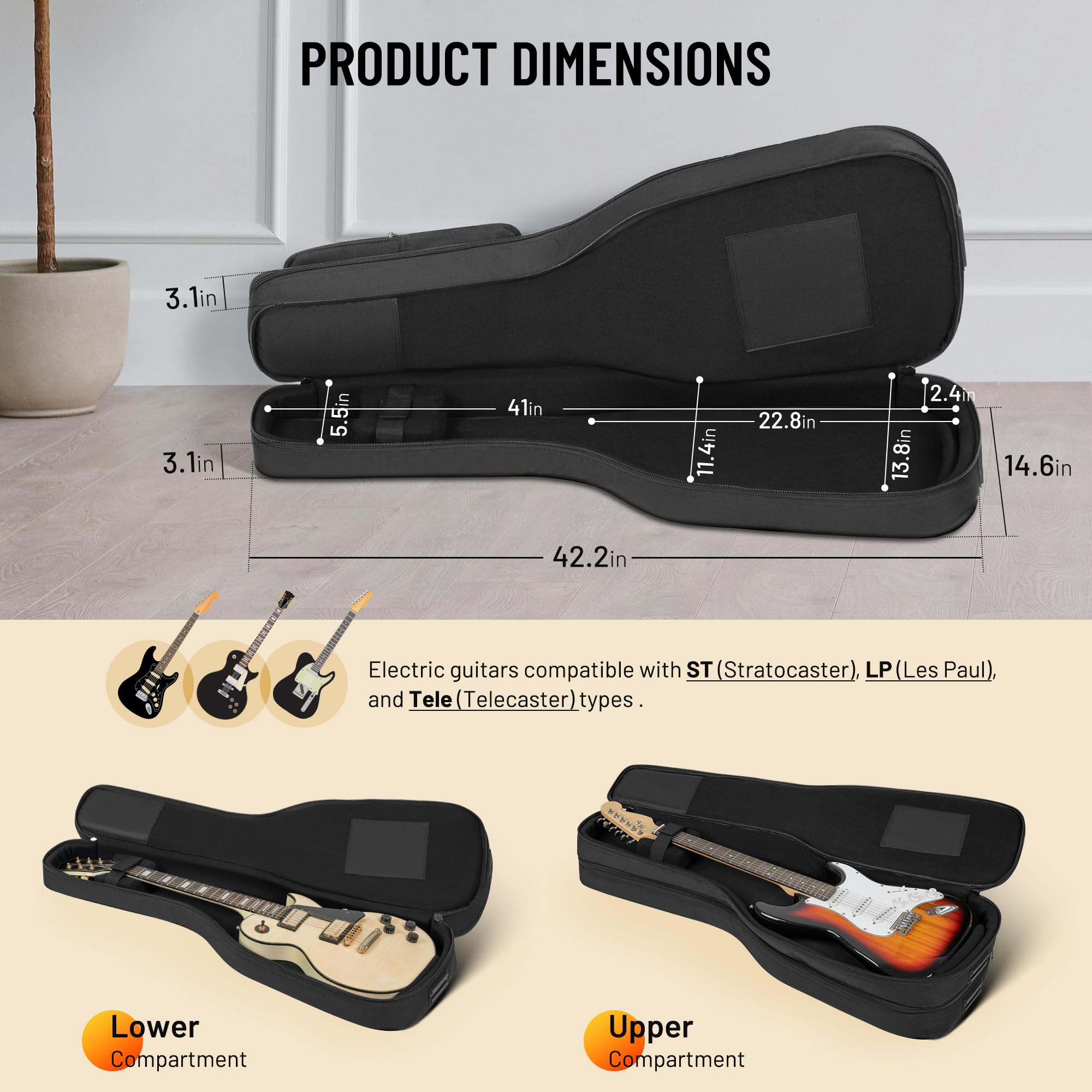 CAHAYA Dual Electric Guitar Gig Bag Padded Soft Guitar Case Backpack Black