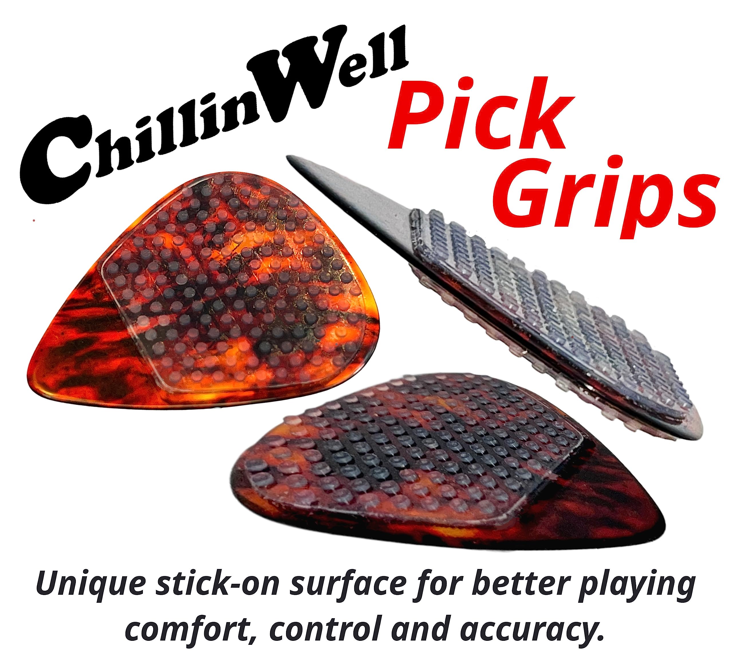ChillinWell Guitar Pick Grips 16 pc Grippy not Sticky Durable Reusable Soft Stick-On Trimmable Silicone Rubber