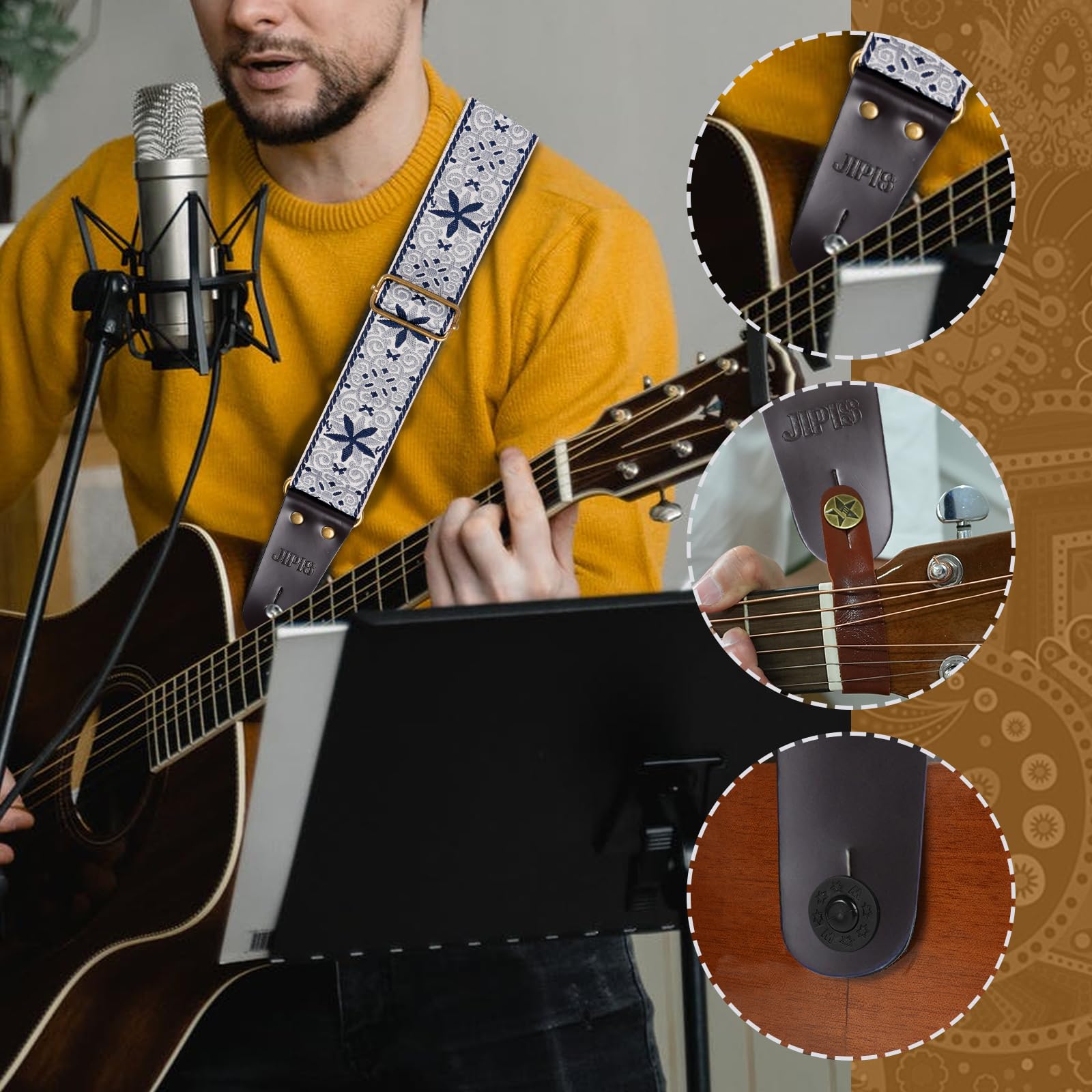 JIPIS Guitar Strap for Acoustic/Electric Guitars/Bass,with Free 1 Head strap, 2 Anti Slip Buckles, 3 Guitar Picks (GS-89-1 Petal Blue)