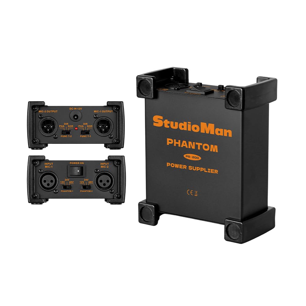 StudioMan PS200 Professional 2-Channel Phantom Power Supply, Black, Dual XLR Input/Output, 12V/24V/48V Switchable Power