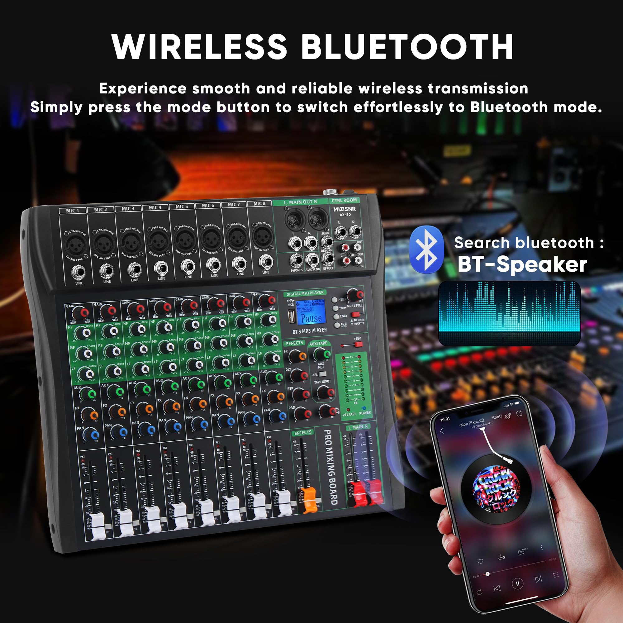 MIZISNR 8 Channel Audio Mixer, Professional DJ Mixer Board Sound Music Mixing Console Digital Mixer with Reverb, Bluetooth, USB Port, 48V Phantom Power for Recording Karaoke Podcasting