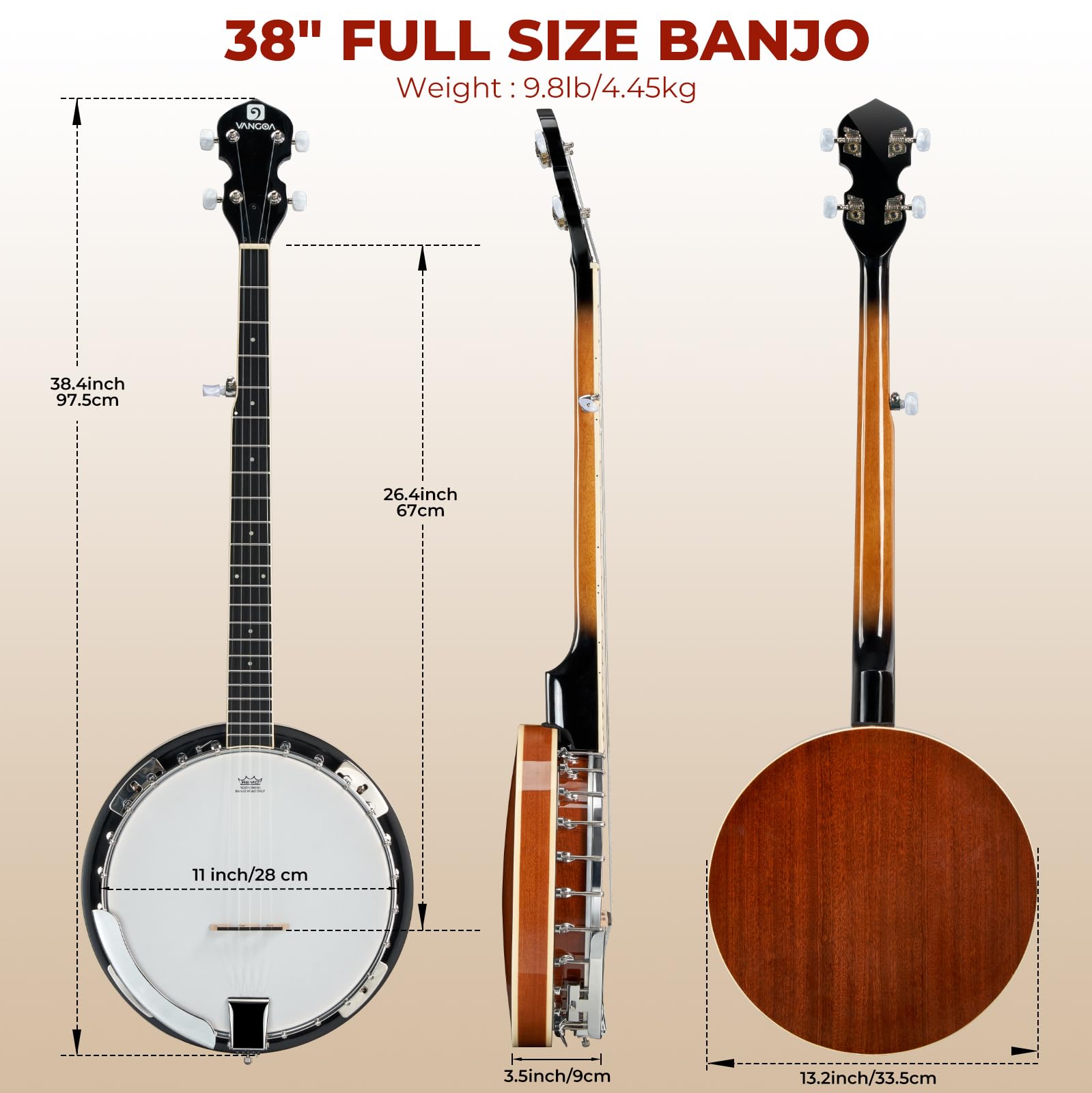 Vangoa NYLON Banjo 5 String Kit, 38 Inch Full Size Banjo with Nylon Strings with Gig Bag, Premium Accessories Outfit, Starter Kit for Beginners Adults Teens, Brown