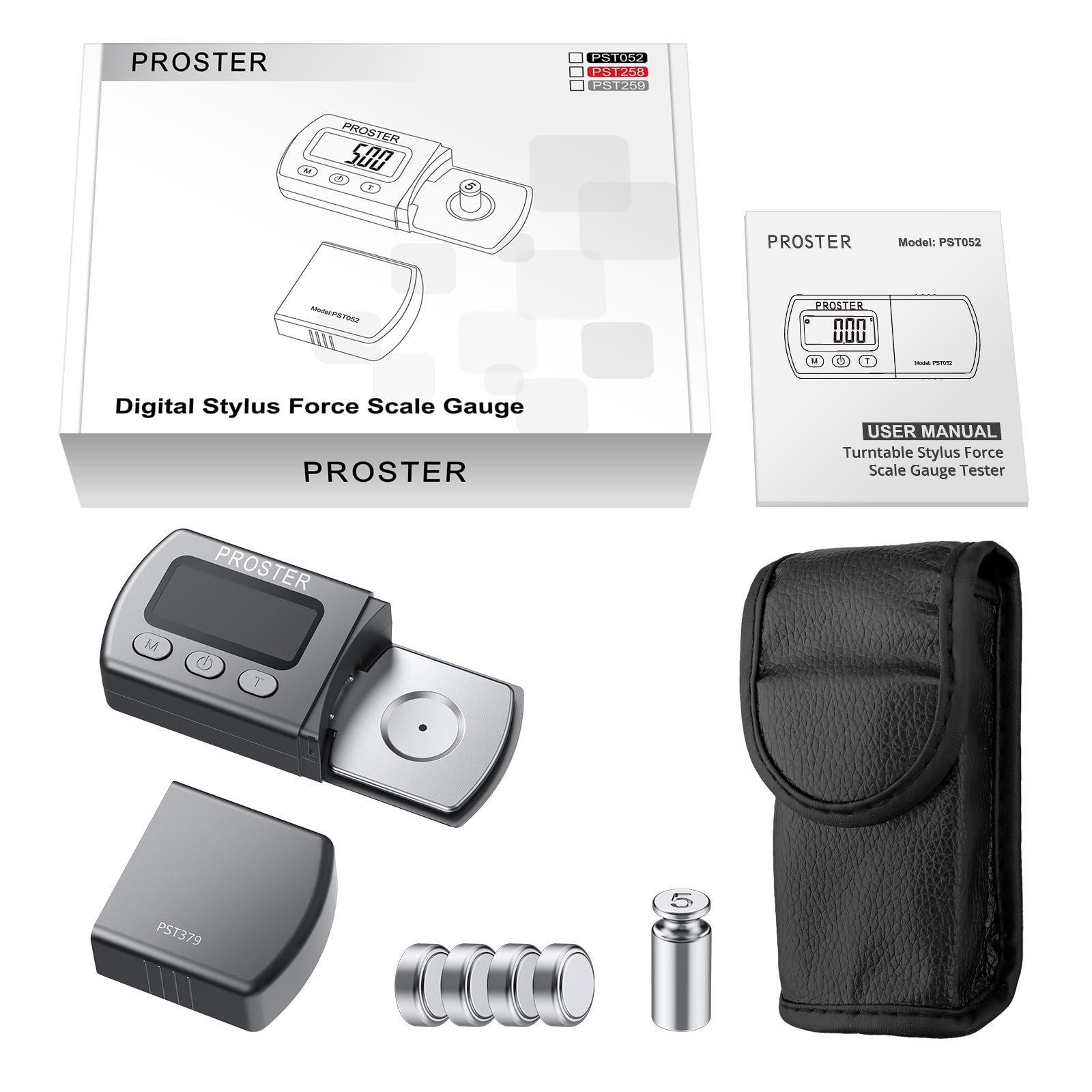 Proster Digital Turntable Stylus Weight Gauge Tracking Force Gauge 0.01g/5g Nonmagnetic Cartridge Scales with LCD Backlight and 5g Calibration 4 Spare Batteries for MM/MC/MI Phono Cartridges