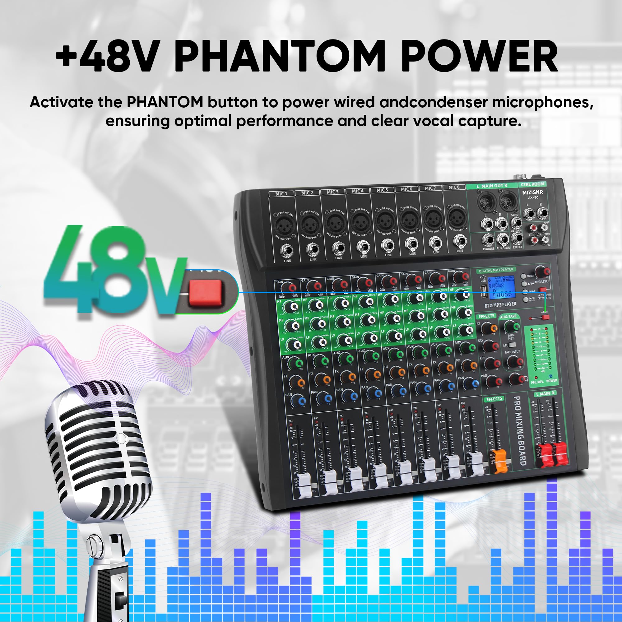 MIZISNR 8 Channel Audio Mixer, Professional DJ Mixer Board Sound Music Mixing Console Digital Mixer with Reverb, Bluetooth, USB Port, 48V Phantom Power for Recording Karaoke Podcasting