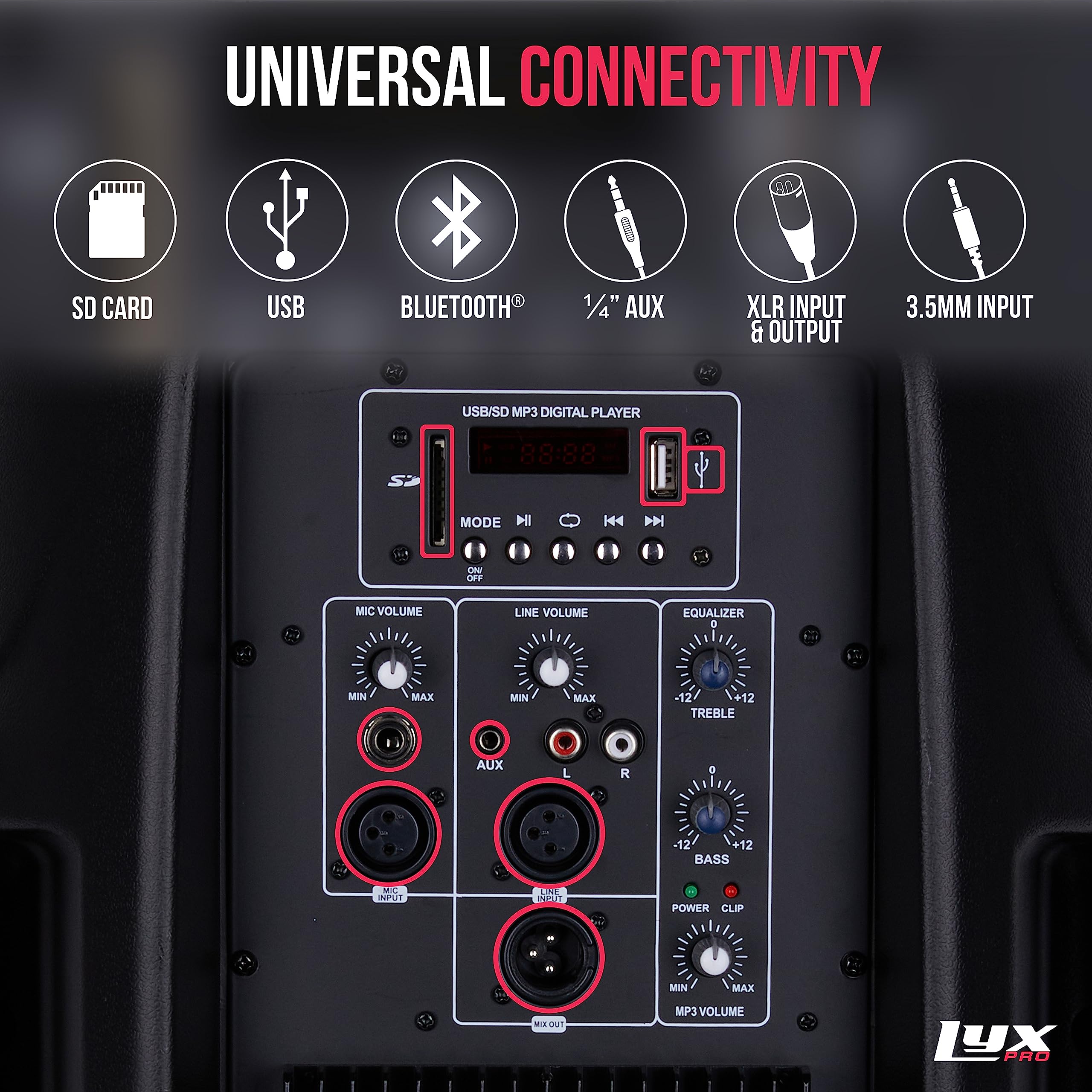 LyxPro 12″ PA System Powerful Compact PA Portable Active Speaker System with Equalizer, Bluetooth, SD Card Slot, USB, MP3, XLR, 1/4″, 3.5mm Input Connections – SPA-12