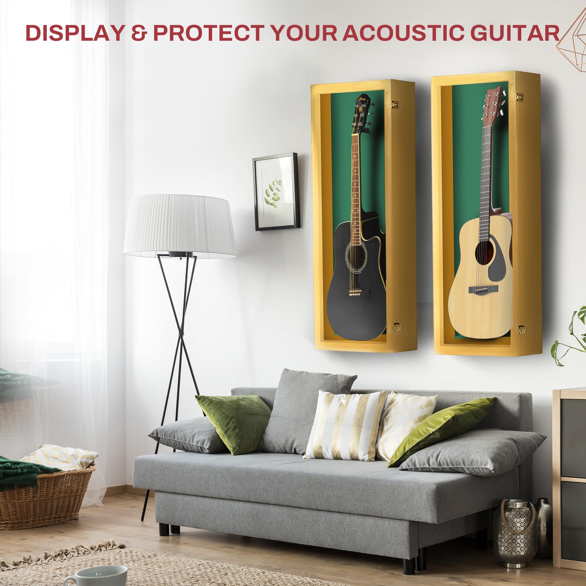 PENNZONI Acoustic Guitar Display Case – Acrylic Acoustic Guitar Case – Guitar Display Case Wall Mount Made from Hardwood Frame & Clear Acrylic – Golden Oak w/Felt Green