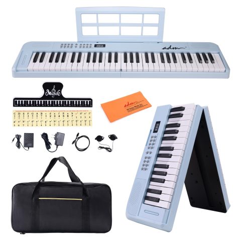 ADM 61 Key Folding Electric Piano Keyboard, Foldable Piano Electronic Keyboard, Wireless 128 Tones, 128 Rhythms Includes Pedal, Gig Bag, Headphones for Beginners, Students, Adults (Blue)