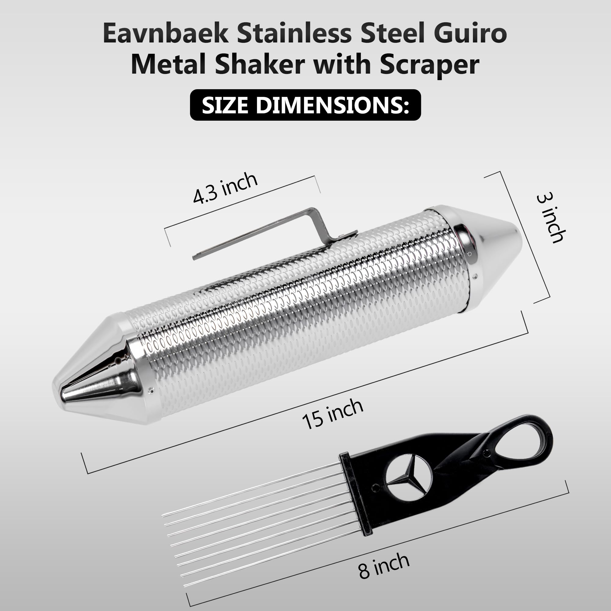 Eavnbaek 15″ 3″ Stainless Steel Guiro Shaker with Scraper for Adults