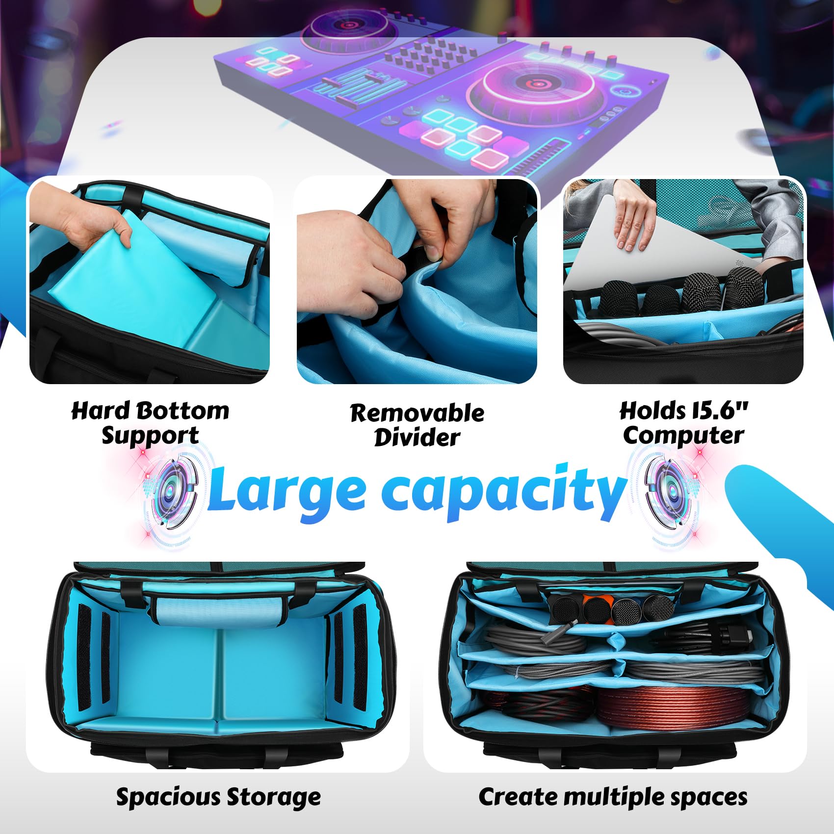 DJ Cable Bag, Rolling DJ Cable Bag with Detachable Trolley & Dividers
