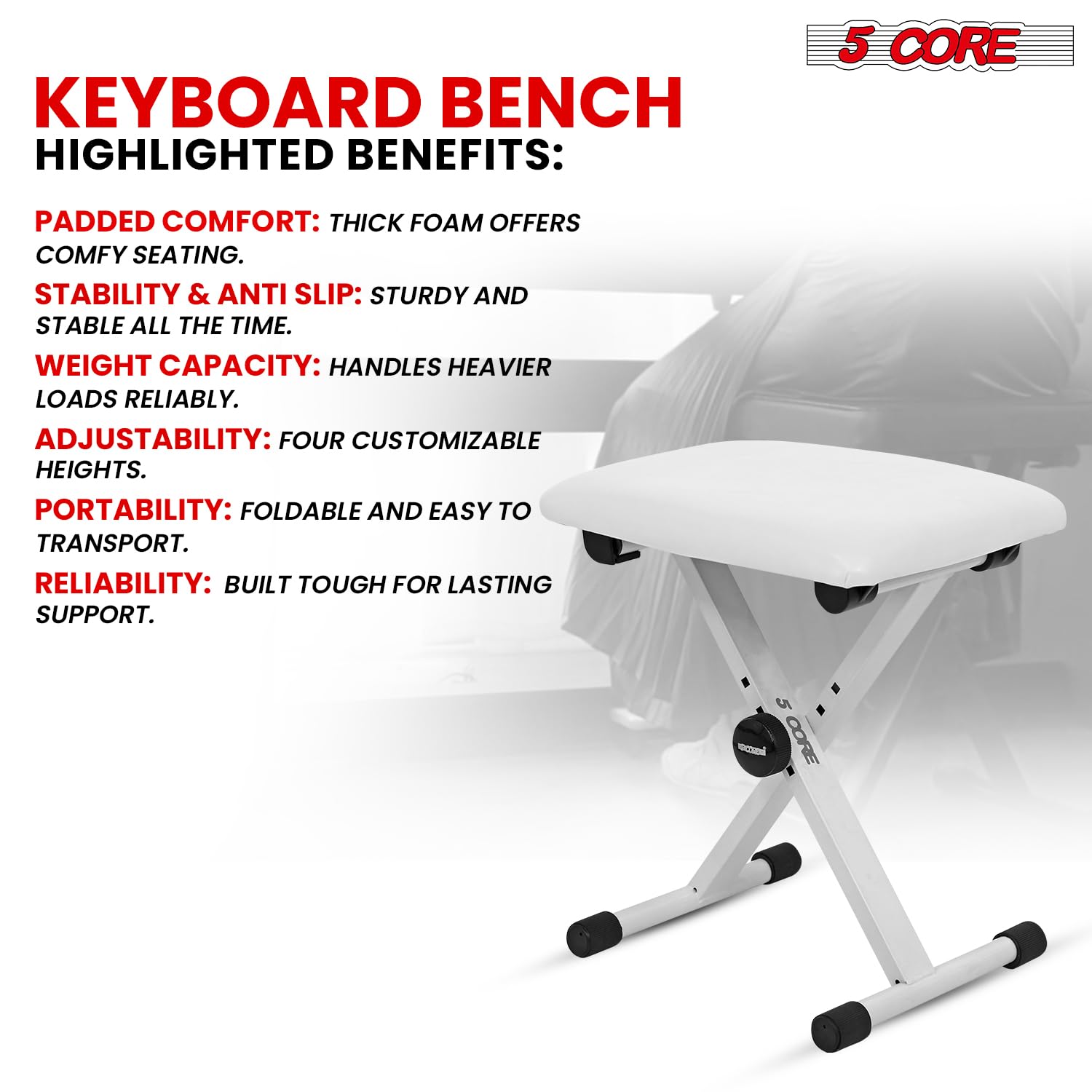 5 CORE Keyboard Bench X Style Padded Cushion Height Adjustable Piano Stool Seat Portable Keyboard Chair for Keyboards Digital Piano White – KBB 02 WH