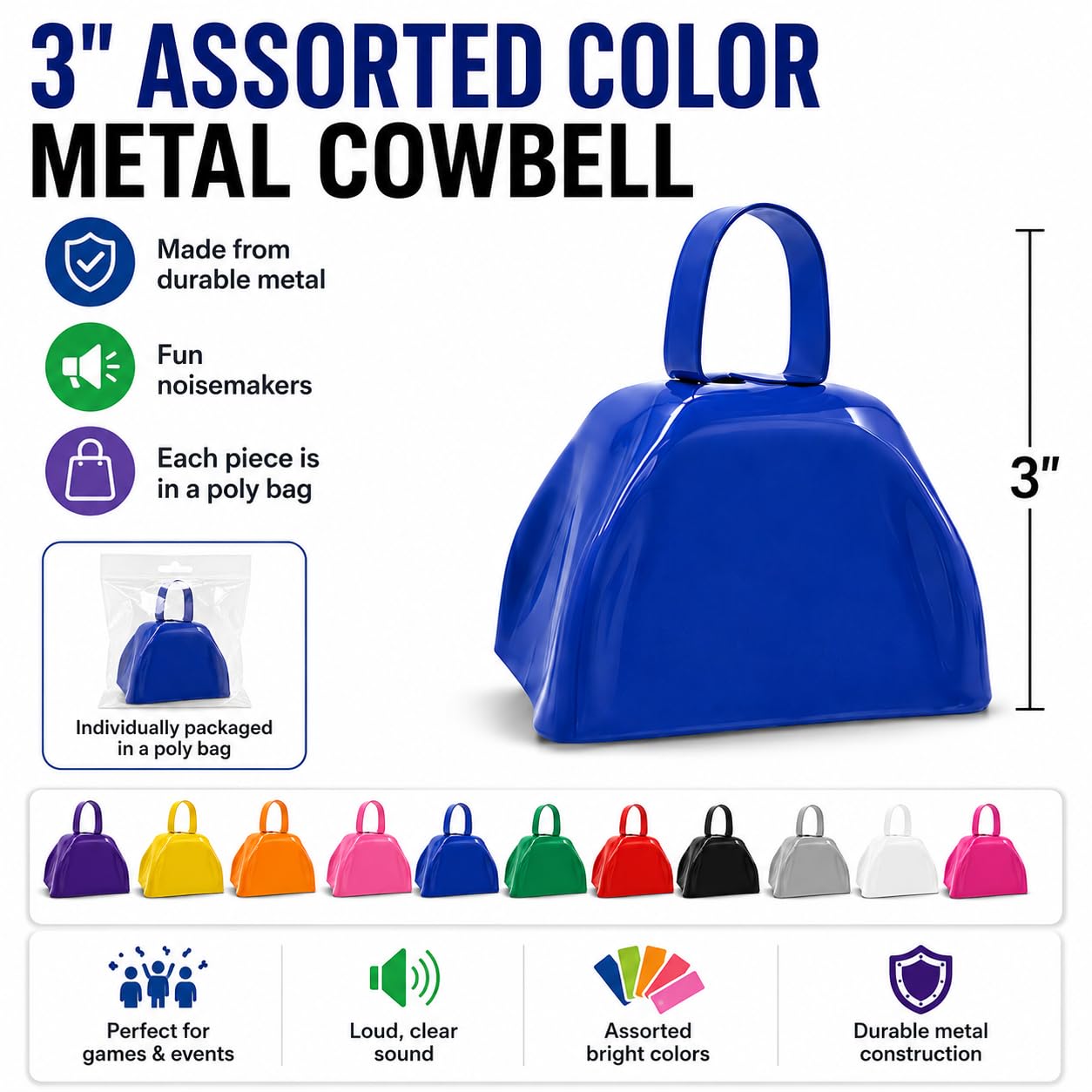 The Dreidel Company Assorted Color Metal Cowbell Noisemaker Cheering Bell, New Years, School Classroom, Wedding Bells & Chimes Percussion Musical Instruments Call Bell Alarm, 3″ (6-Pack)