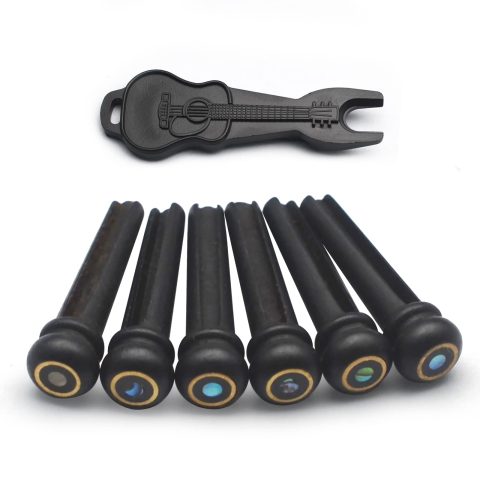 MAXCHEER 6Pcs Ebony Acoustic Guitar Slotted Bridge Pin with Brass Circle Abalone Shell dots Guitar Parts Accessories