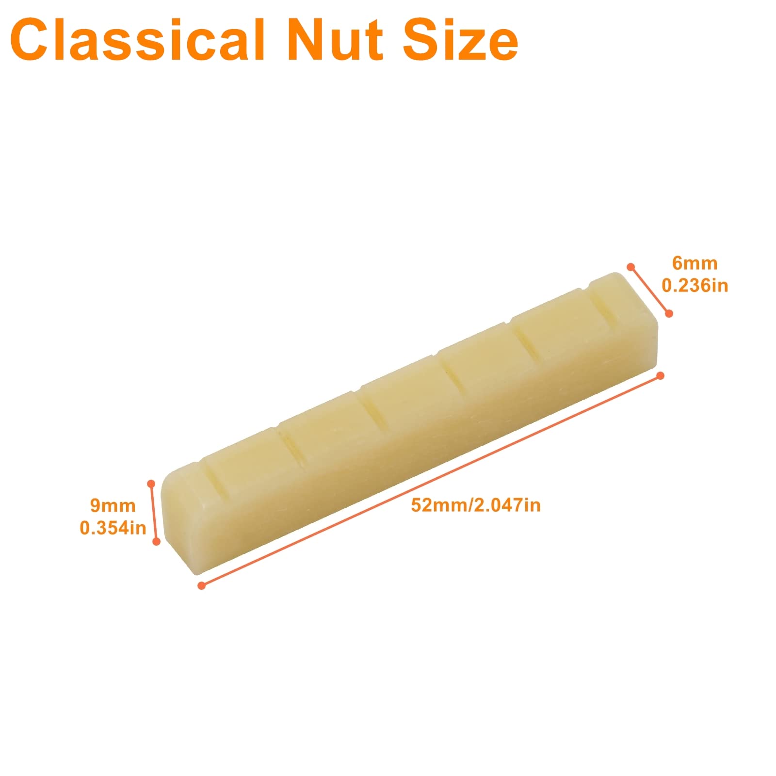 Miwayer 6 String Classical Guitar Unbleached Bone Nut, Guitar Bridge Nuts, Cut from Whole Bones, 52x6x9mm (6 String Classical Nut 52mm 2 Pack)