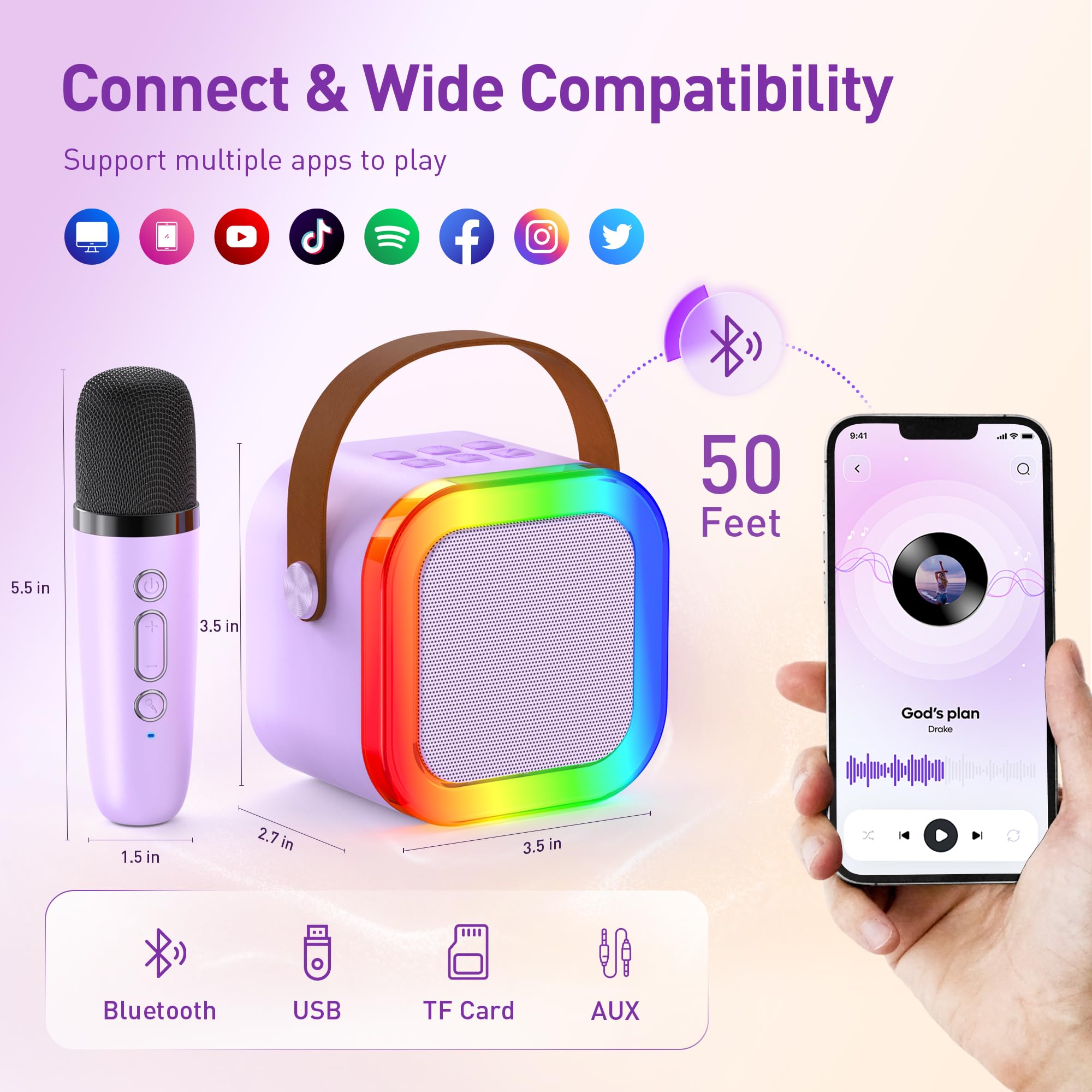Mini Karaoke Machine: Mini Karaoke Machine with 2 Wireless Karaoke Microphones and Light for Family Home Party – Portable Singing Karaoke Speaker – Stage-subwoofers (Purple)