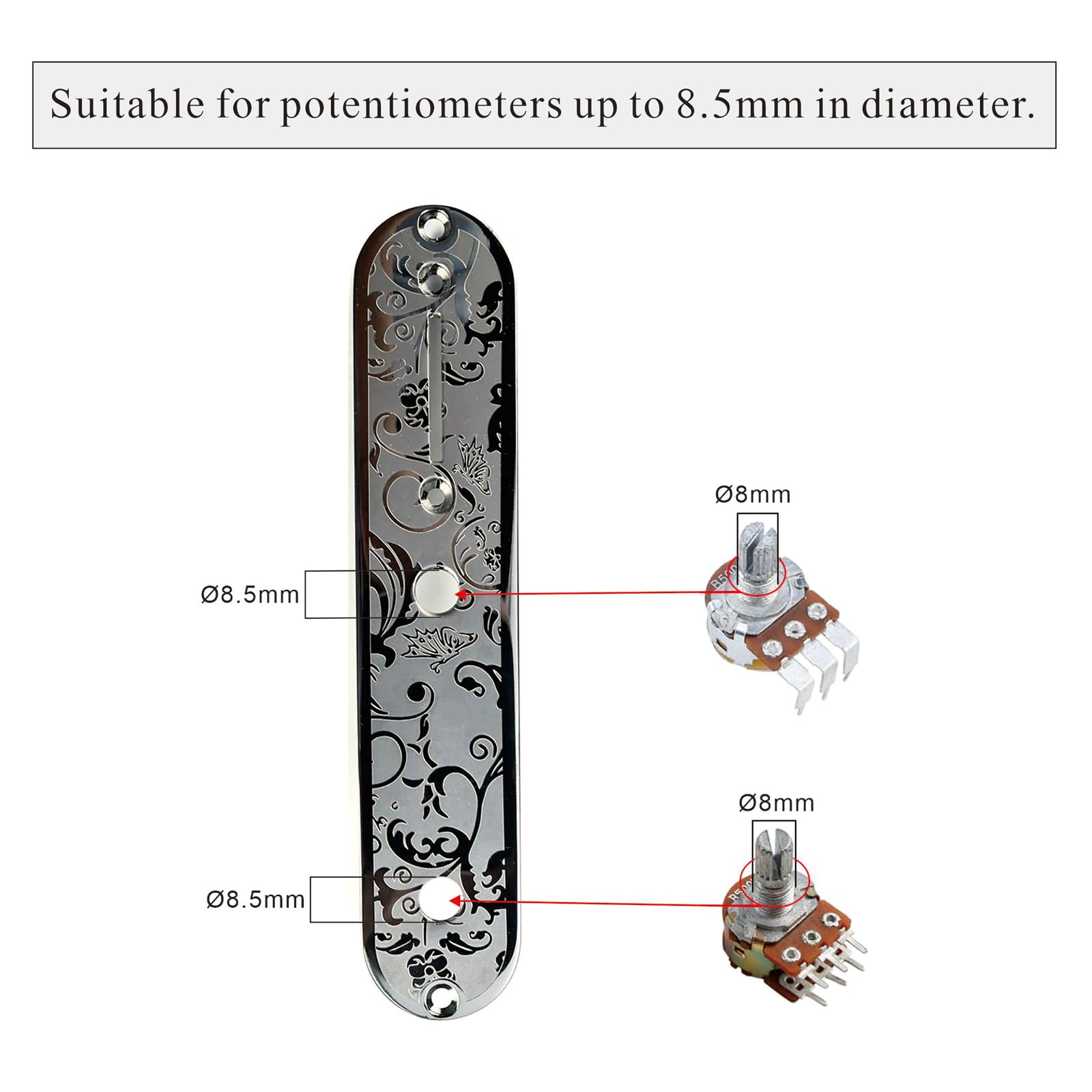 OVSAL Stainless Steel Engraved Electric Guitar Control Plate 2-Hole Mount 8.5mm (21/64″) Control Panel Compatible with Most Telecaster Tele Style Guitar Replacement Parts(Black)