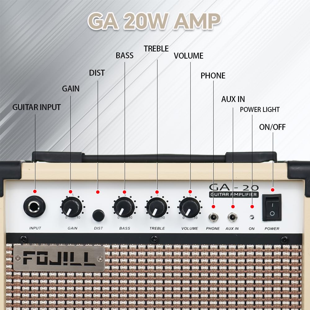 Fojill 20W Watt Electric Guitar Amplifier Amp Practice Small Portable Travel Mini Amp with 3.5 Headphone Jack Aux Distortion Gain Treble Bass Volume (Cream, 20W)