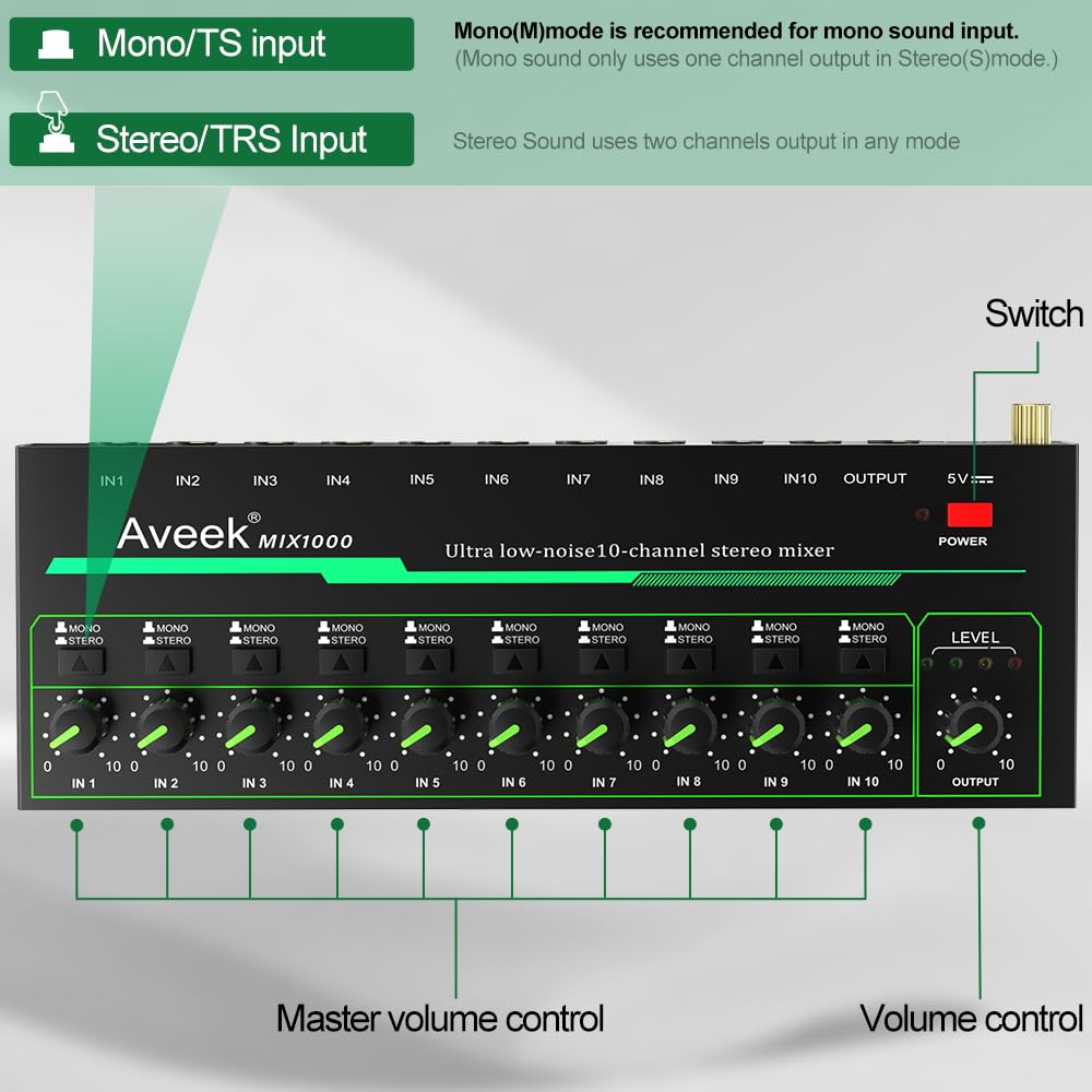 Aveek Mini Audio Mixer, Ultra-Low-Noise 10 Channel Stereo Line Mixer