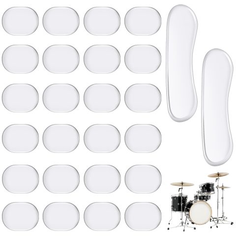 Drum Damper Gel Pads, 24pcs Round and 2pcs Transparent Silicone Drum Mufflers Strong Adhesive Drum Mute Pads Soft Drum Dampening Gel Pads for Snare, Drum Cymbal Tone Control Overtone Resonance