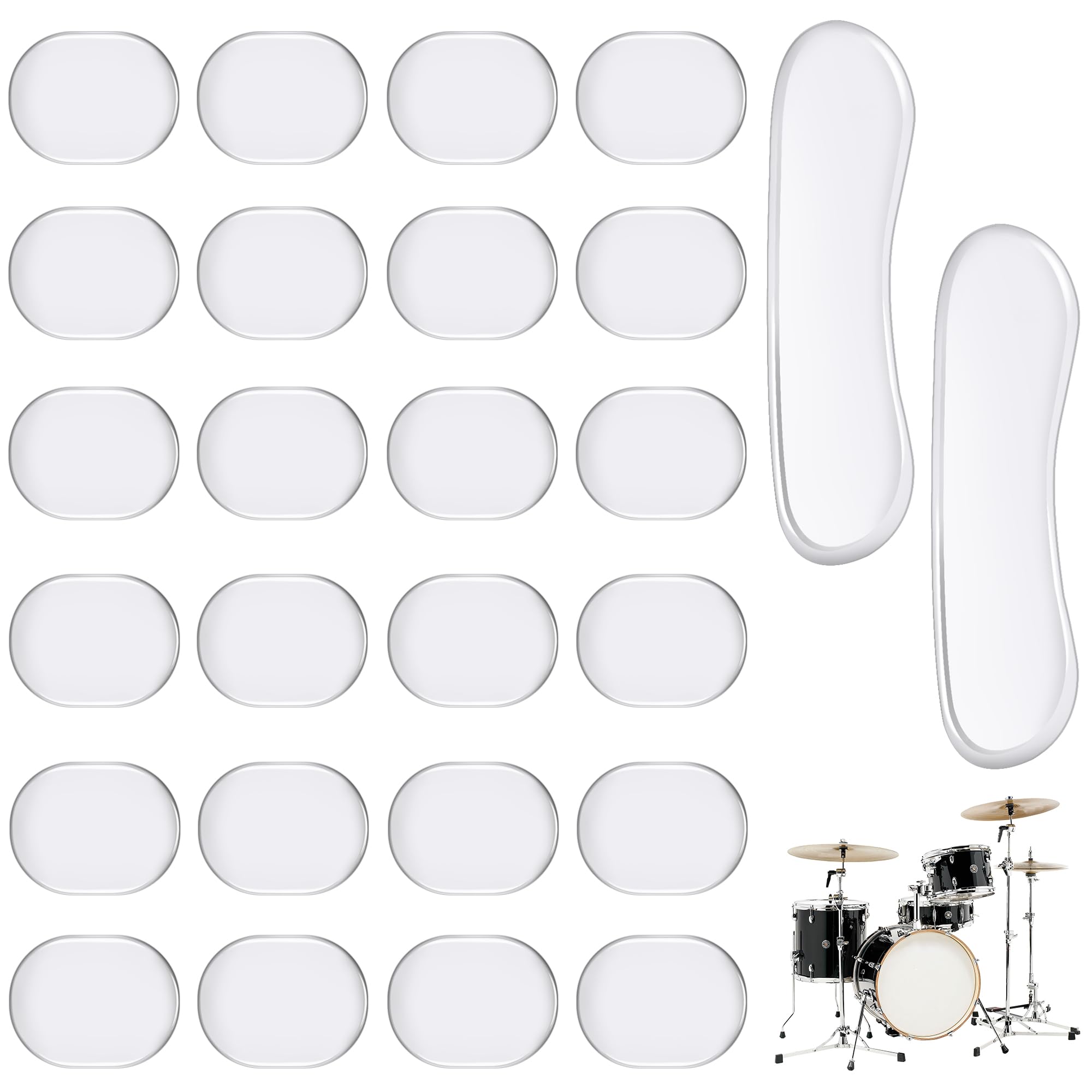 Drum Damper Gel Pads, 24pcs Round and 2pcs Transparent Silicone Drum Mufflers Strong Adhesive Drum Mute Pads Soft Drum Dampening Gel Pads for Snare, Drum Cymbal Tone Control Overtone Resonance