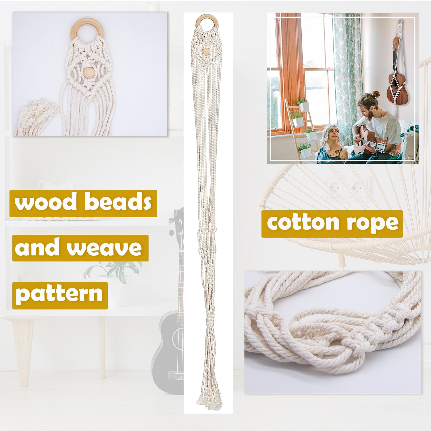 majowir Macrame Ukulele Hanger Soprano Boho Wall Mount with Soft Padding