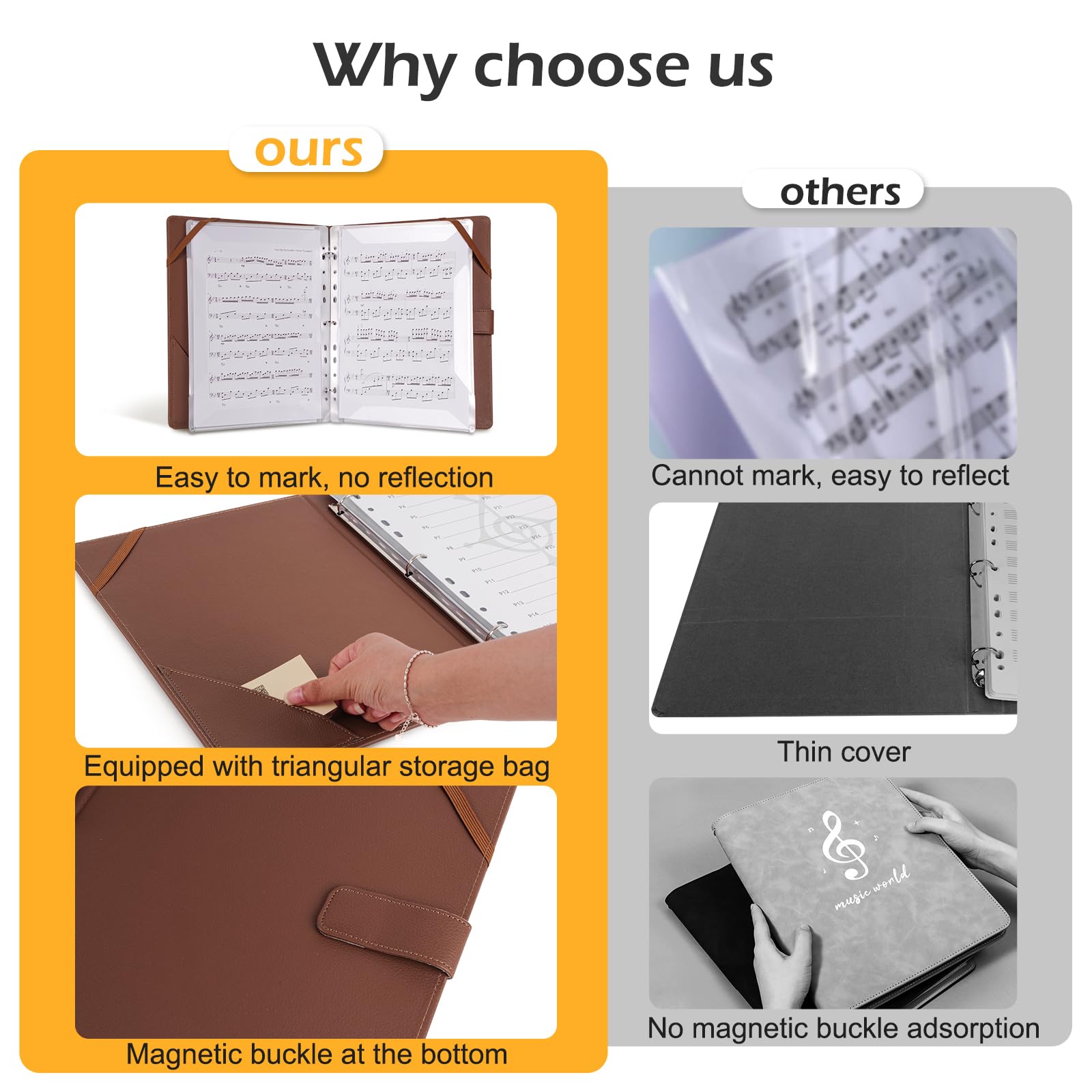 Rockhouse Sheet Music Folder, 3 Ring Binder Music Holder PU Leather Choir Folder 60 Pages Fit for Sheet Music Paper 8.5 x 11 Inch, Brown