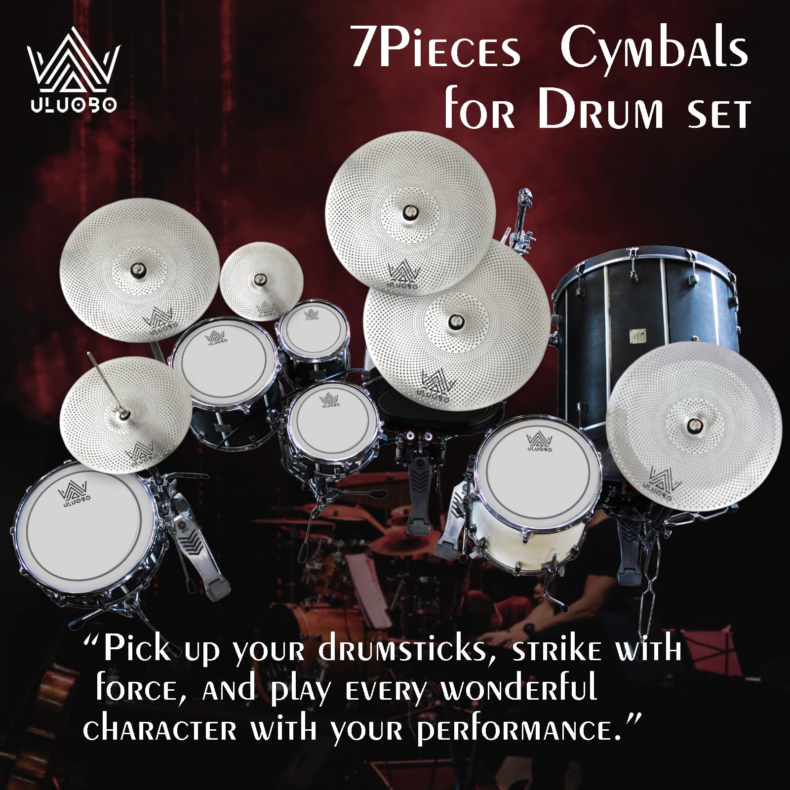 ULUOBO Low Volume Cymbal Pack 7 Pieces, Silent Cymbals, Quiet Cymbals Set for Drummer Practice, 10”Splash+14”Hihat+16″Crash+18”Crash+18”China+20″Ride, Silver