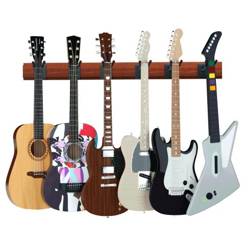 hjooytoi Guitar Wall Mount, Woodgrain Rack With 6 Adjustable Guitar Hangers, Guitar Wall Hanger With Pre-Drilled Holes, 48″ Alloy Steel Multiple Guitar Holder Stand,Brown