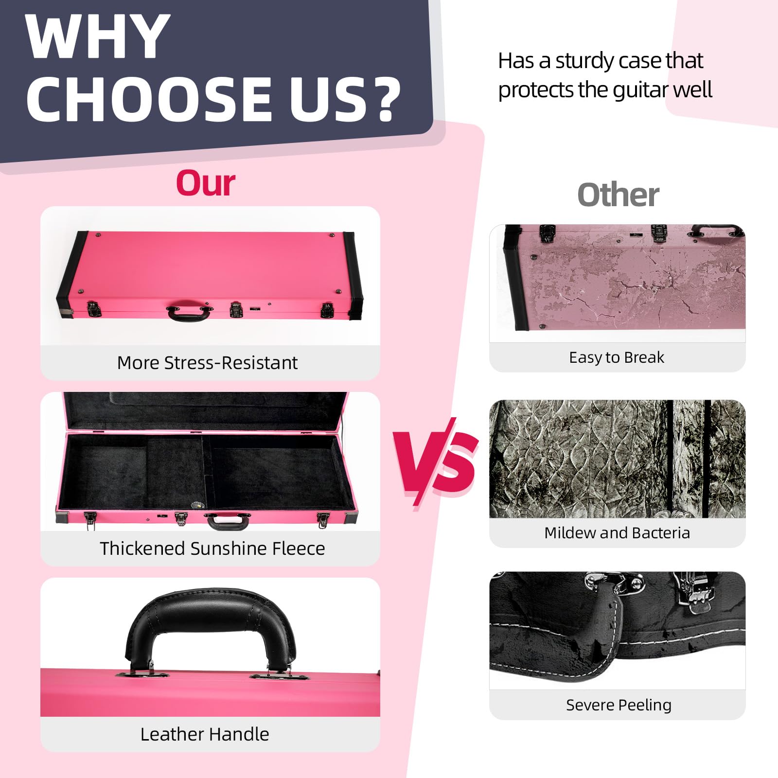 REAL MISSION Electric Guitar Case Hard, Fits Fender Strat, Tele, and Standard Guitars, Portable 4-Layer Protection Hardshell with Comfort Handle, Secure Metal Lock (Pink)