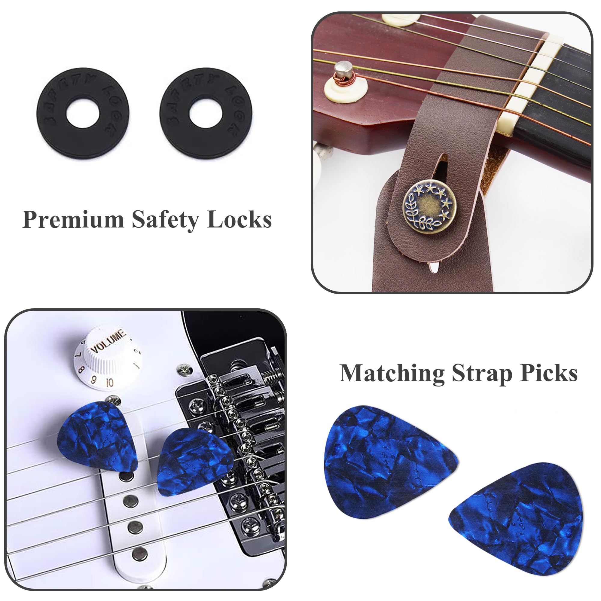 LIZIMANDU Adjustable Guitar Strap Includes 2 Strap Locks & 2 Matching Picks & 1 Picks Holder & 1 leather Strap Button(1-Carving Blue)